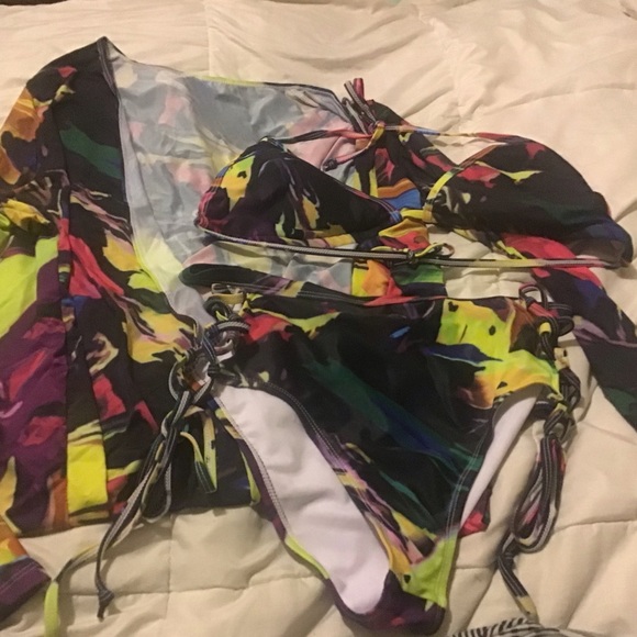 Viottiset XL multicolored 3 pieces high waist bikini maxi swimsuit cover-up NWOT - Picture 4 of 11
